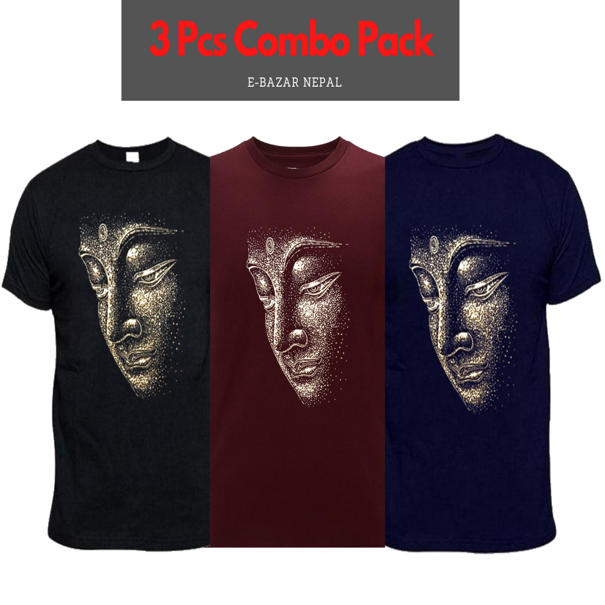 Side View Buddha 3 Pcs Combo PrintedT-Shirt For Men